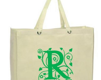 Monogrammed Vine Initial Canvas Tote: Personalized Reusable Shopper Bag