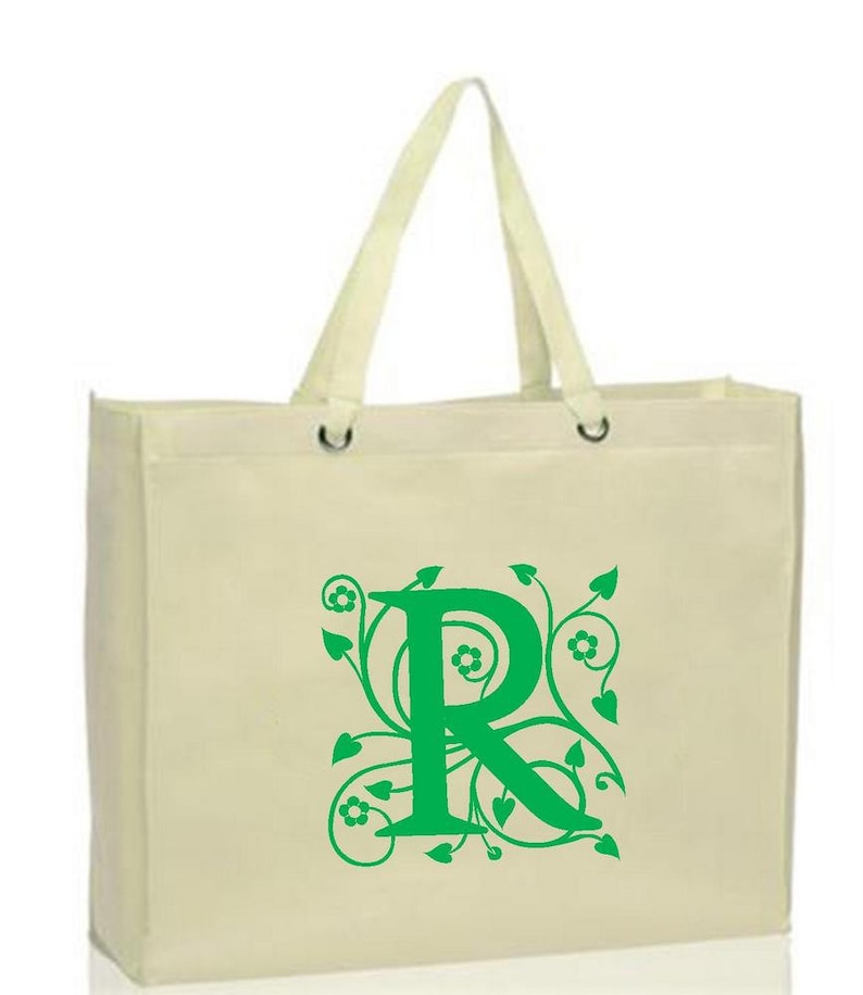 Vine Initial Tote Monogram on Large Canvas Bag, Reusable, Eco-friendly Shopper Bag Many Colors Shamrock Green Shown image 1
