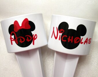 Mickey or Minnie Mouse Beach Cup Holder,  Monogrammed Drink Sand Spiker, Personalized Family Vacation Travel Gift, White with Mouse Ears