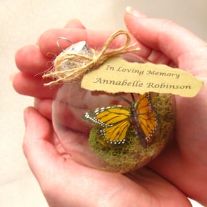 Butterfly Memorial Christmas Ornament Monarch Captive Inside Clear Glass Ornament, In Memory of Personalization note image 1