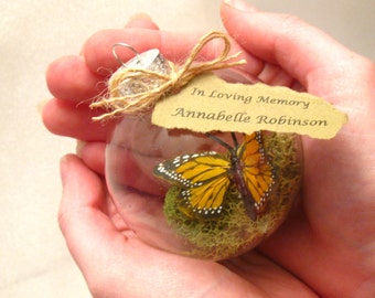 Butterfly Memorial Christmas Ornament -Monarch Captive Inside Clear Glass Ornament, In Memory of Personalization note