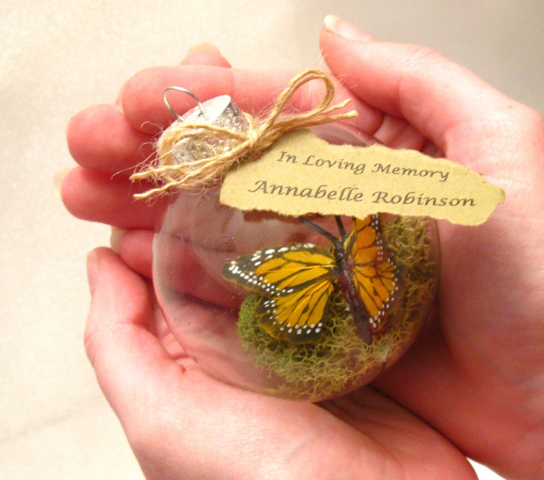Butterfly Memorial Christmas Ornament Monarch Captive Inside Clear Glass Ornament, In Memory of Personalization note image 1