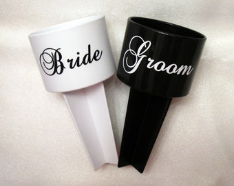 Bride & Groom Beach Cup Holders,  Monogrammed Drink Spiker - Black + White, Personalized Honeymoon Travel Gift