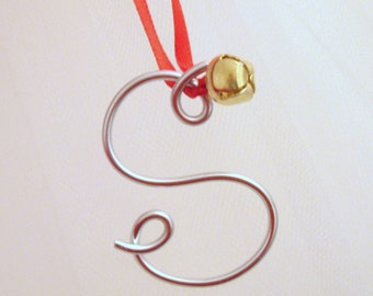 Silver Wire Letter Ornament, Christmas Gift Tie-On or Gold with Jingle Bell