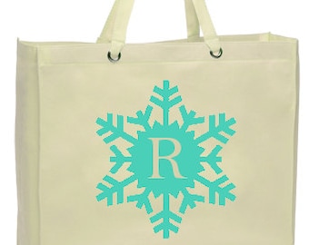Snowflake Monogram Canvas Tote Bag: Holiday Shopping, Reusable