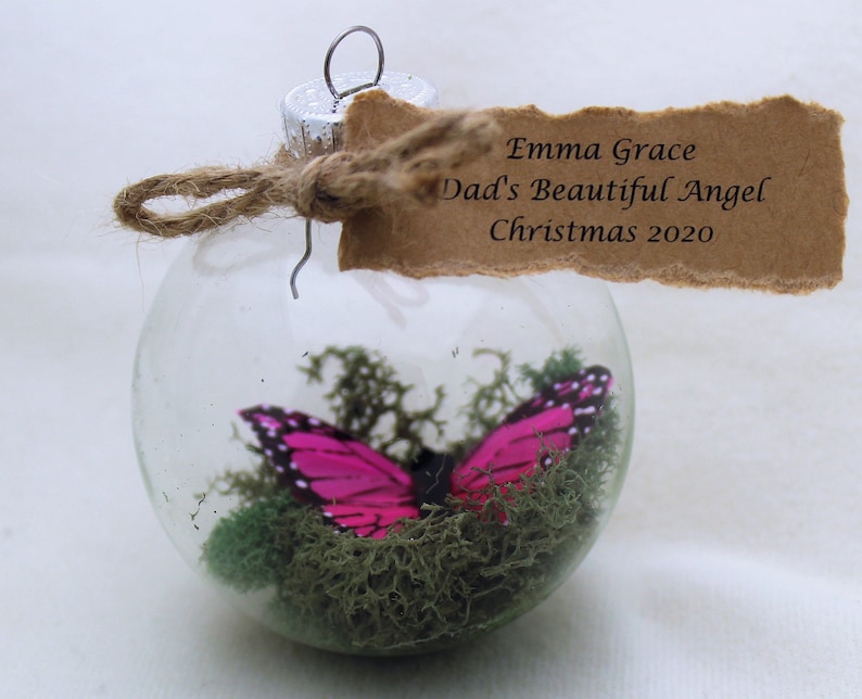 Butterfly Memorial Christmas Ornament Monarch Captive Inside Clear Glass Ornament, In Memory of Personalization note image 5