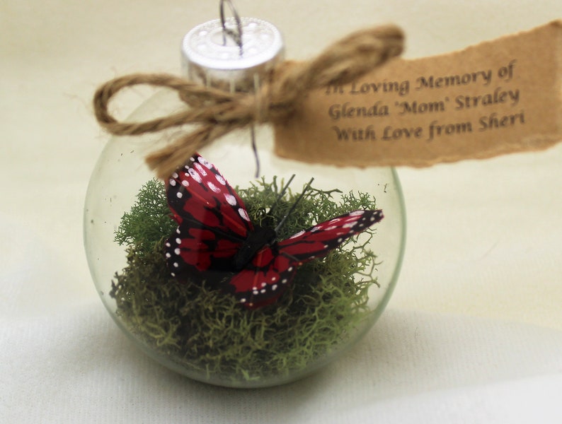 Butterfly Memorial Christmas Ornament Monarch Captive Inside Clear Glass Ornament, In Memory of Personalization note image 7