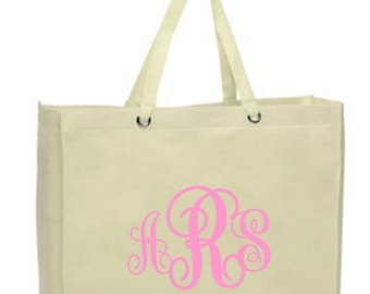 Monogram Tote - Interlocking Monogram on Large Canvas, Reusable, Eco-friendly Shopper Bag NEW - Many Colors (Light Pink shown)