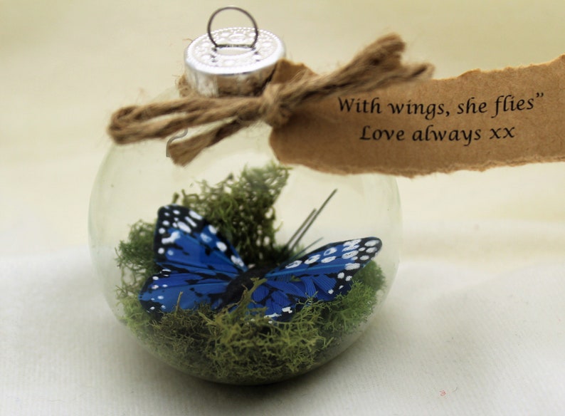 Butterfly Memorial Christmas Ornament Monarch Captive Inside Clear Glass Ornament, In Memory of Personalization note image 8