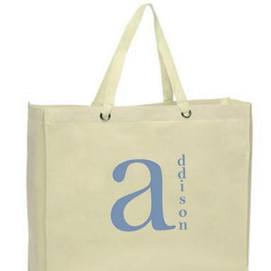 Vertical Name Tote Monogram on Large Canvas Bag, Reusable, Eco-friendly Shopper Bag NEW Many Colors image 1