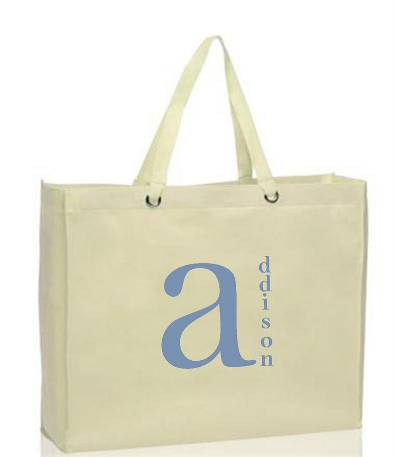 Vertical Name Tote Monogram on Large Canvas Bag, Reusable, Eco-friendly Shopper Bag NEW Many Colors image 1