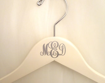 Monogram Hanger for Wedding Dress, Bridal Party, Personalized Initials for Brides, Bridesmaids, Ivory, Silver, Custom Colors, Wooden Hanger