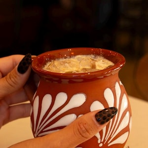 Op de afbeelding: Een terracotta-kleurige mok met een wit bloemmotief, gevuld met een romige drank en ijsblokjes. De mok wordt vastgehouden door handen met donkere nagellak. De drank lijkt verfrissend te zijn.