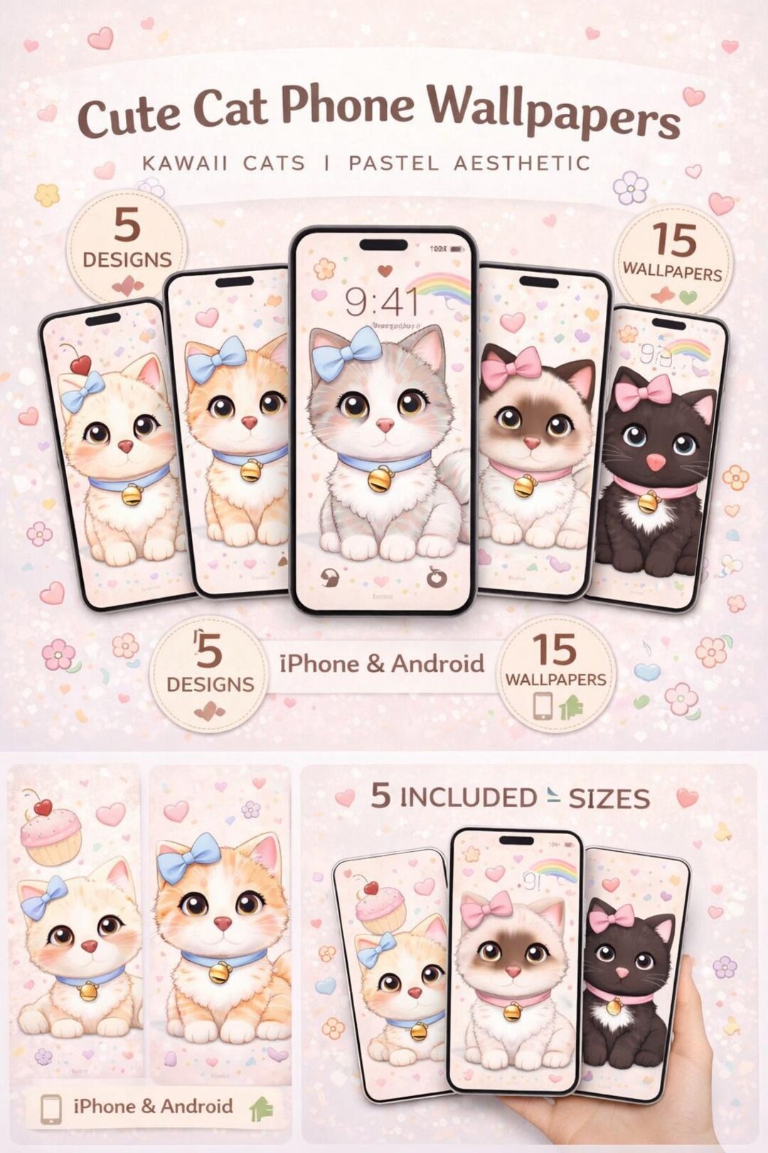 Cute Cat Phone Wallpapers Bundle | Kawaii Cat Aesthetic | Pastel Kitten ...