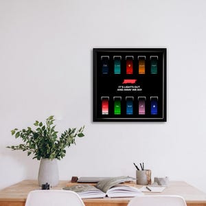 Könnte beinhalten: Ein gerahmter Druck mit schwarzem Hintergrund und farbigen rechteckigen Designs. Der Text "IT'S LIGHTS OUT AND AWAY WE GO!" ist in Rot und Weiß. Der Druck wird an einer weißen Wand über einem Holztisch mit einer Pflanze angezeigt.