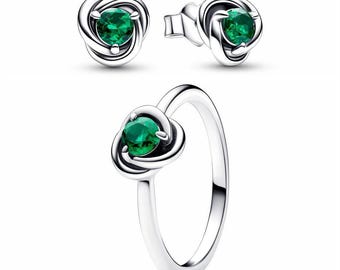 pandora 925 sterling silver may birthstone eternity circle ring stud earrings