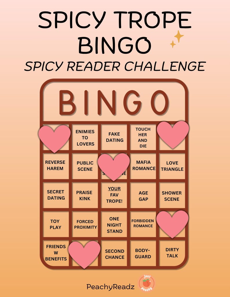 Example of filled-in trope bingo card with marked off squares. Used to track tropes found in smutty or dark romance books.