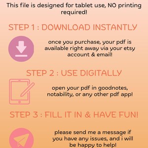 How to use PeachyReadz digital journal pages – instant download PDF files for Goodnotes, Notability, or any tablet app; no printing required and easy to fill out for smutty book tracking