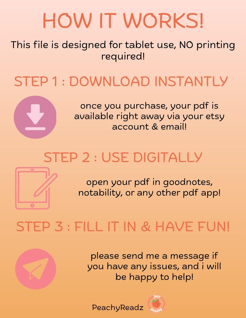 How to use PeachyReadz digital journal pages – instant download PDF files for Goodnotes, Notability, or any tablet app; no printing required and easy to fill out for smutty book tracking