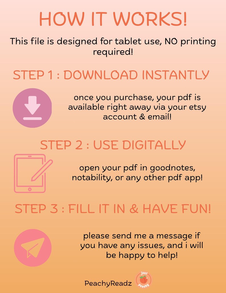 How to use PeachyReadz digital journal pages – instant download PDF files for Goodnotes, Notability, or any tablet app; no printing required and easy to fill out for smutty book tracking