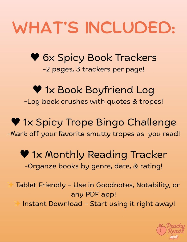 What’s included in the Spicy Trope Bingo – one-page PDF bingo card featuring 25 spicy romance tropes for readers to mark off digitally or in print; perfect for BookTok smut challenges and romance reading goals