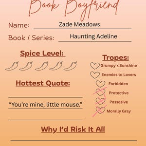 Example of a filled-out Book Boyfriend Tracker with character name, steamy quote, and common romance tropes like grumpy x sunshine and morally gray.