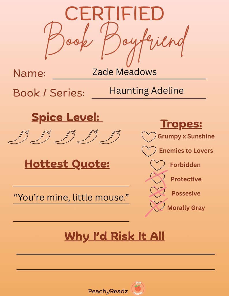 Example of a filled-out Book Boyfriend Tracker with character name, steamy quote, and common romance tropes like grumpy x sunshine and morally gray.