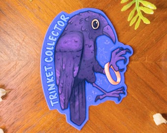Trinket Collector Crow Vinyl Sticker | Cute Bird Waterproof Sticker for Laptop, Journal, Water Bottle
