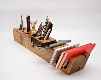 Unique Wooden Desk Organizer / Large Desktop Storage / Handmade Rustic Office Gift / One of a Kind 044