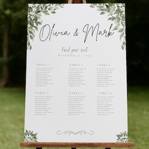 Plantilla de plano de asientos para boda, diseño de asientos para boda con vegetación moderna, póster grande para el plan de boda, plantilla de Canva con eucalipto para encontrar tu asiento