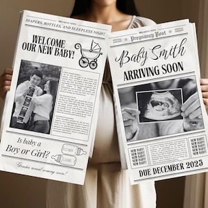 Pregnancy newspaper announcement , Canva newspaper pregnancy announcement, double sided newspaper baby announcement, Newspaper baby shower,