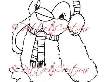 May include: Black and white illustration of a penguin wearing earmuffs and a scarf. The penguin is sitting down and has a fluffy appearance. The text "Pattie's Creations" is repeated in red script across the image.