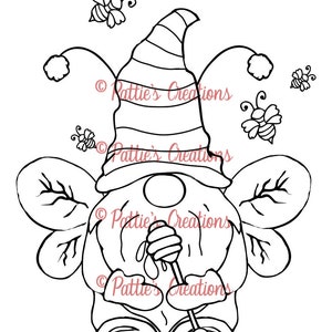 May include: A black and white line art illustration of a gnome with a striped hat and butterfly wings holding a honey dipper. The gnome is surrounded by bees.