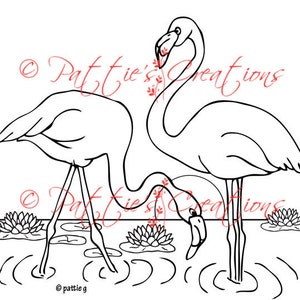 May include: A black and white line drawing of two flamingos standing in a pond with lily pads. The flamingos are bending their necks down to drink from the water.