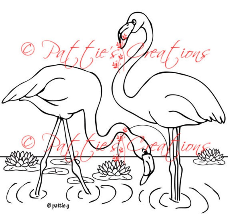 May include: A black and white line drawing of two flamingos standing in a pond with lily pads. The flamingos are bending their necks down to drink from the water.