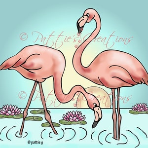 May include: Two pink flamingos stand in a blue pond with water lilies. The flamingos are facing each other with their necks bent. The water is clear and the lilies are in bloom.
