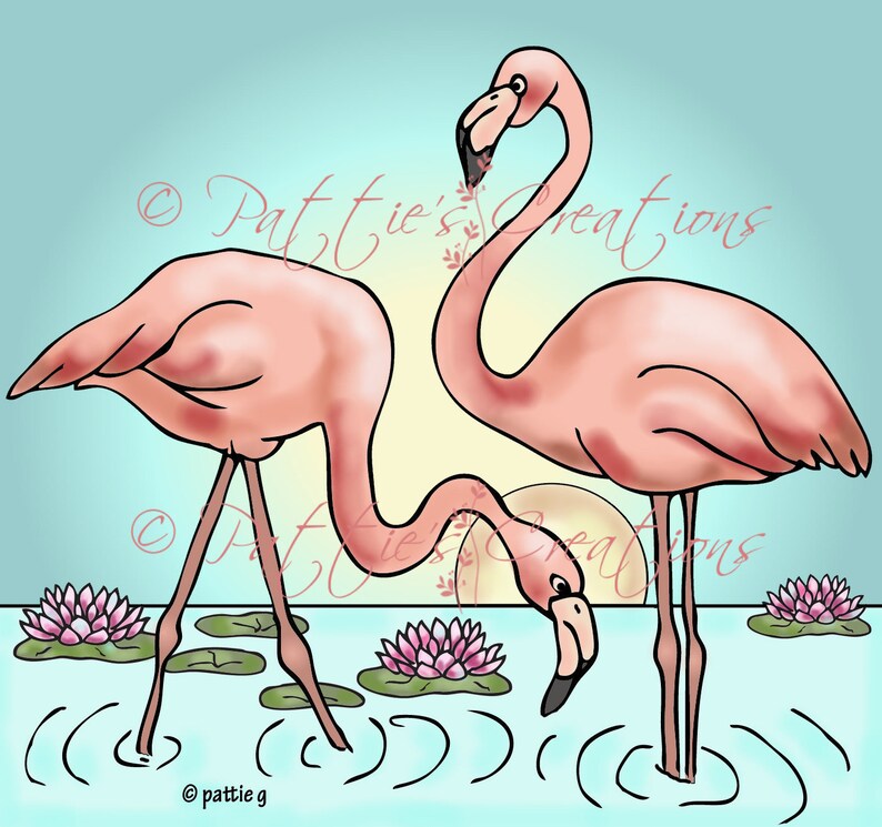 May include: Two pink flamingos stand in a blue pond with water lilies. The flamingos are facing each other with their necks bent. The water is clear and the lilies are in bloom.