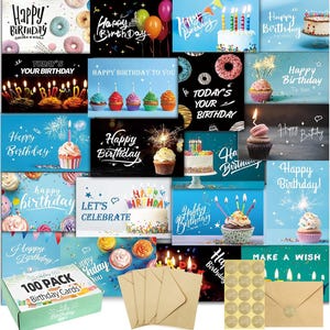 100 Geburtstagskarten mit Umschlägen, 20 einzigartige Designs, Großpackung mit kurzer Standardnachricht innen, 10 x 15 cm, verschiedene Farben