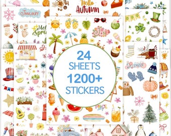 May include: A collection of 24 sticker sheets with over 1200 stickers. The stickers feature various seasonal and holiday-themed designs, including summer, autumn, winter, and patriotic themes. The stickers are colorful and include images of food, plants, and objects.