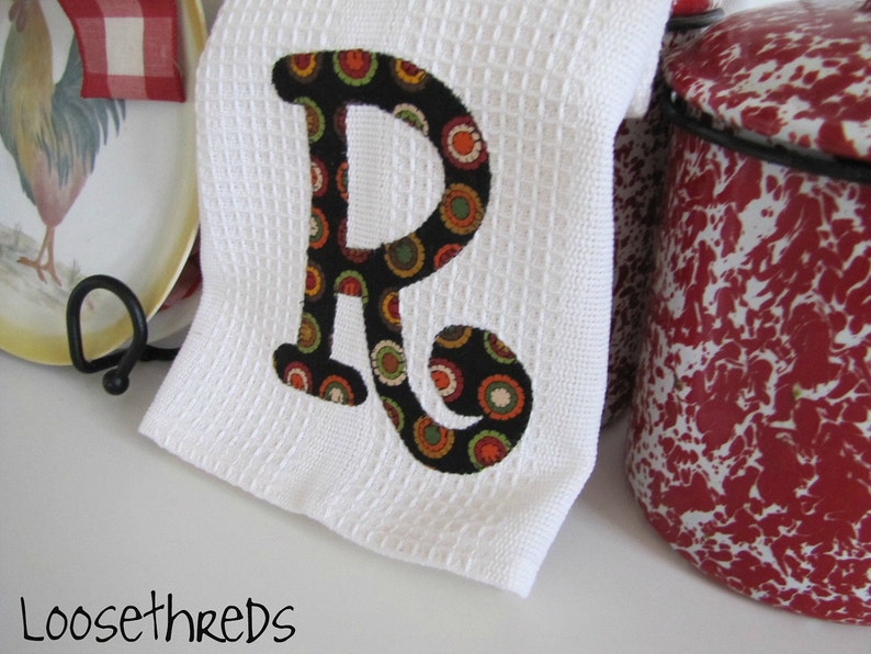 Personalized Kitchen towel set of 3 with Moda Black Dot Saltbox Harvest Monogram image 1