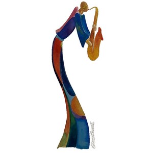 May include: Watercolor painting of a musician playing a saxophone. The figure is stylized with flowing lines and vibrant colors, including blue, orange, and green. The saxophone is a warm gold color.