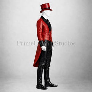 May include: A red leather tailcoat with black lapels and cuffs, worn with black leather trousers and a matching top hat. The coat has gold buttons and a long back. The outfit is displayed on a mannequin.