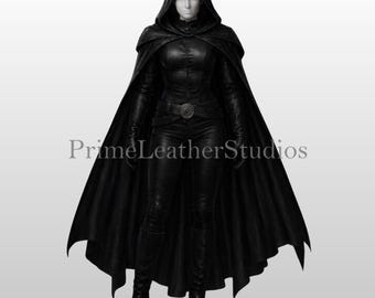 Handmade Black Dark Fantasy Leather Hooded Costume - Gothic Cosplay Outfit