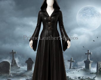 Handmade Black Leather Gothic Trench Coat | Witch Cosplay Costume