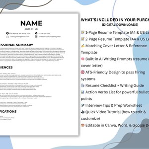 Puede incluir: Una plantilla de curr&iacute;culum vitae digital con un dise&ntilde;o profesional. El curr&iacute;culum incluye secciones para nombre, puesto de trabajo, resumen profesional, experiencias y certificaciones. La imagen tambi&eacute;n enumera lo que se incluye en la compra, como plantillas de curr&iacute;culum, carta de presentaci&oacute;n y indicaciones de escritura.