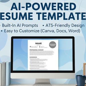 Puede incluir: Un monitor de computadora muestra una plantilla de curr&iacute;culum vitae con el texto "AI-POWERED RESUME TEMPLATES". La pantalla muestra un curr&iacute;culum vitae de muestra con secciones para nombre, puesto de trabajo, resumen profesional y experiencias. La imagen tambi&eacute;n incluye una pila de libros y una taza azul.