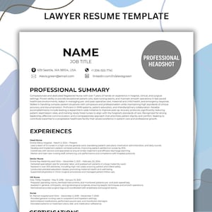 May include: A professional resume template for a lawyer, featuring a clean layout with sections for name, job title, professional summary, experiences, and certifications. The design includes a space for a professional headshot.