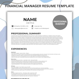 Op de afbeelding: Een sjabloon voor een cv van een financieel manager met een professionele lay-out. Het cv bevat secties voor naam, functietitel, professionele samenvatting, ervaringen en certificeringen. De sjabloon heeft een strak, modern ontwerp met een grijs-wit kleurenschema.