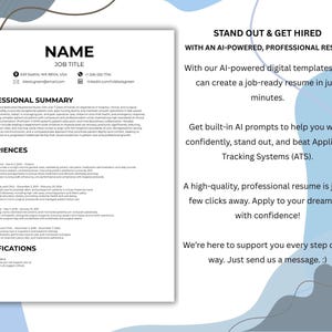 Puede incluir: Una plantilla de curr&iacute;culum vitae profesional con fondo blanco y detalles en azul. El curr&iacute;culum incluye secciones para nombre, puesto de trabajo, resumen profesional, experiencias y certificaciones. El texto a la derecha promueve la creaci&oacute;n de curr&iacute;culums con IA.