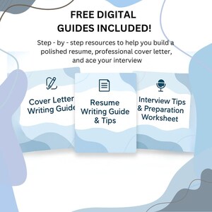 Puede incluir: Imagen de tres gu&iacute;as digitales para solicitantes de empleo. Las gu&iacute;as incluyen recursos para la redacci&oacute;n de cartas de presentaci&oacute;n, la redacci&oacute;n de curr&iacute;culums y la preparaci&oacute;n de entrevistas. El texto dice "&iexcl;GU&Iacute;AS DIGITALES GRATUITAS INCLUIDAS!" y "Recursos paso a paso para ayudarlo a crear un curr&iacute;culum pulido, una carta de presentaci&oacute;n profesional y tener &eacute;xito en su entrevista."